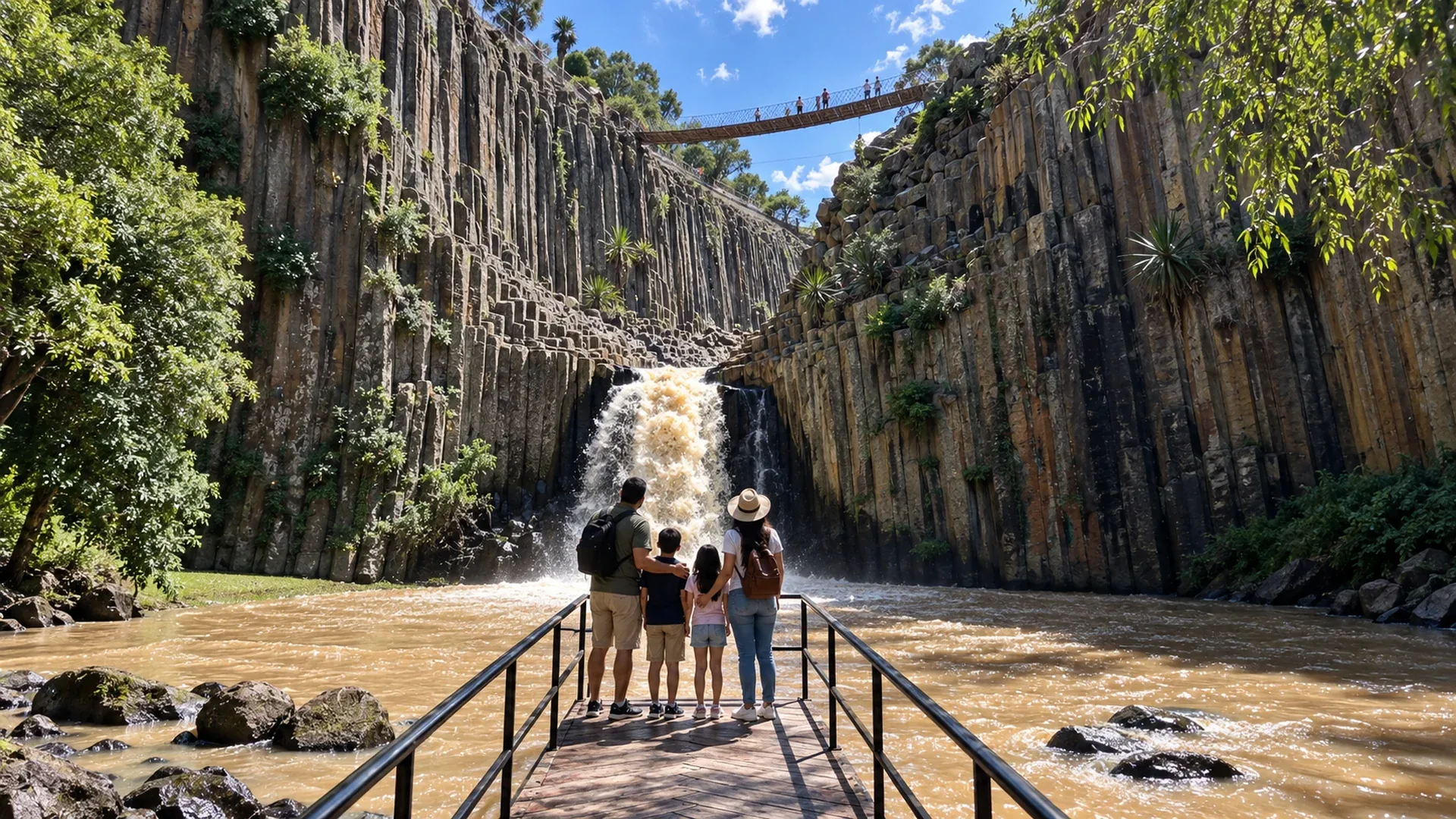 Familia visitando los Prismas Basálticos de Huasca de Ocampo, Hidalgo