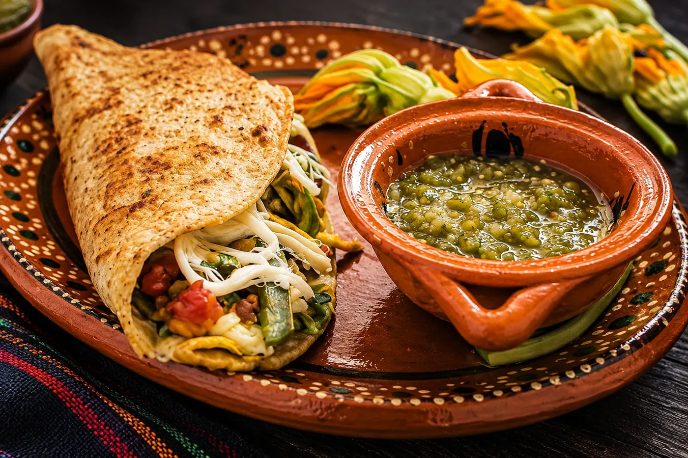 Quesadillas tradicionales de Huasca servidas en plato de barro