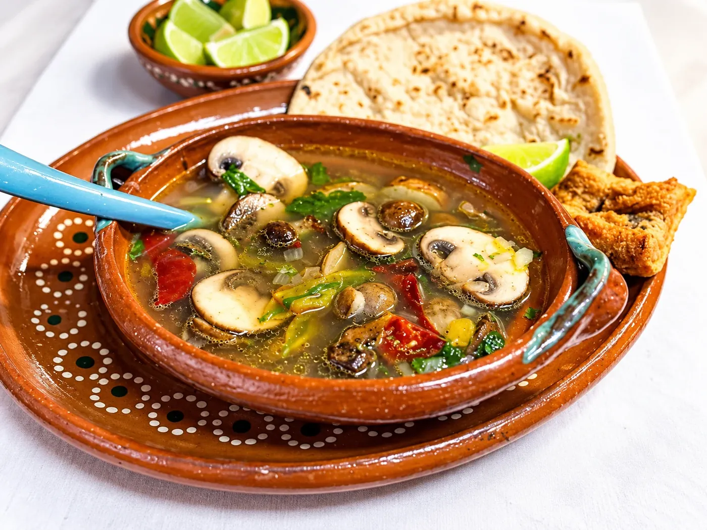 Sopa de hongos de la región de Huasca servida en plato de barro
