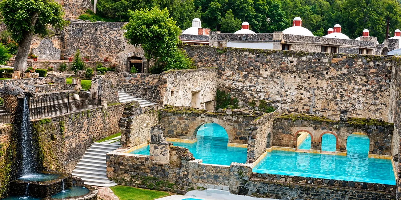 Espacio histórico con agua y jardines en Huasca de Ocampo